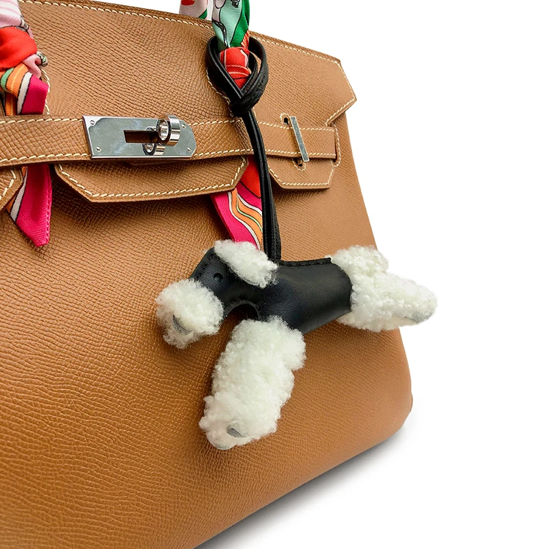 Charm Hand-stitched Sheep Skin Home Food Basket Bag Budy Plush Dog Pendant Leather Hanging Keychain Furry Dog-pendant Ornaments