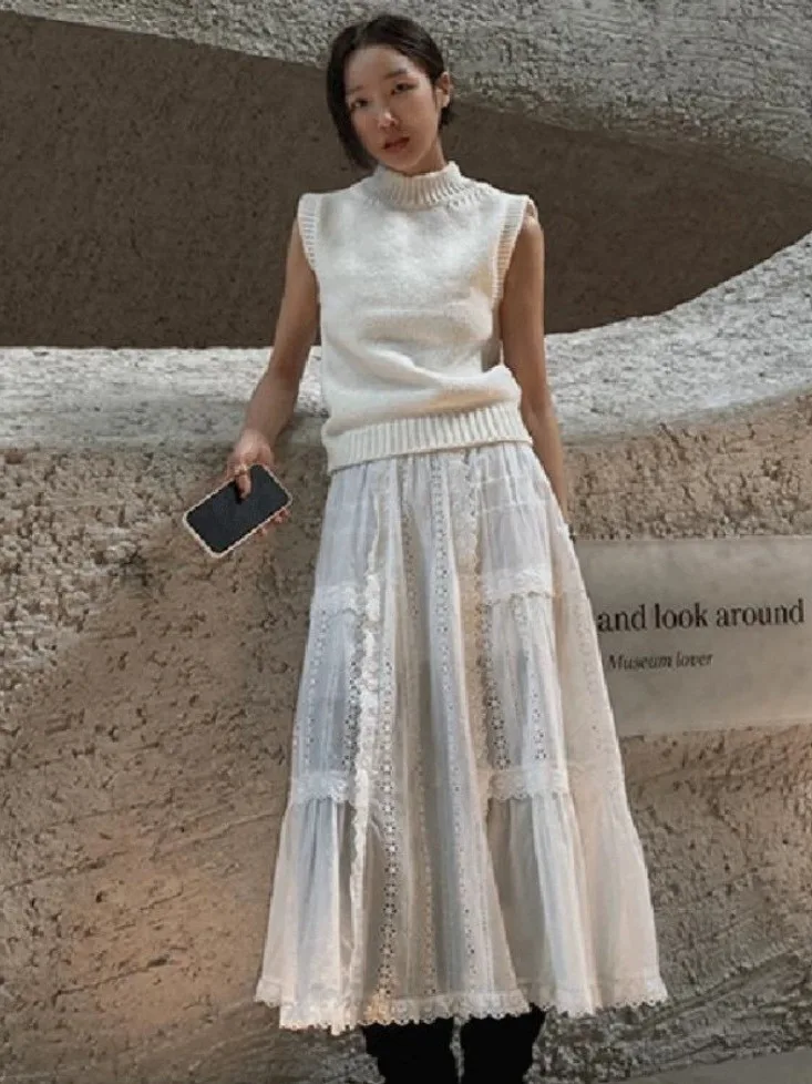 Spring 2025 Dongda Gate Elastic Waist Lace Hollow out Long Skirt Women's Versatile White f-length Skirt Commute Sle Pure...