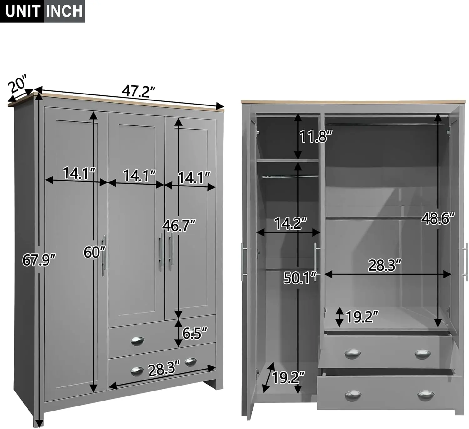 Grey Wood Wardrobe Cabinets, Bedroom Accent Armoire Closet Organizer with Big Drawers, Hanging Rails and Shelve, Functional Clot