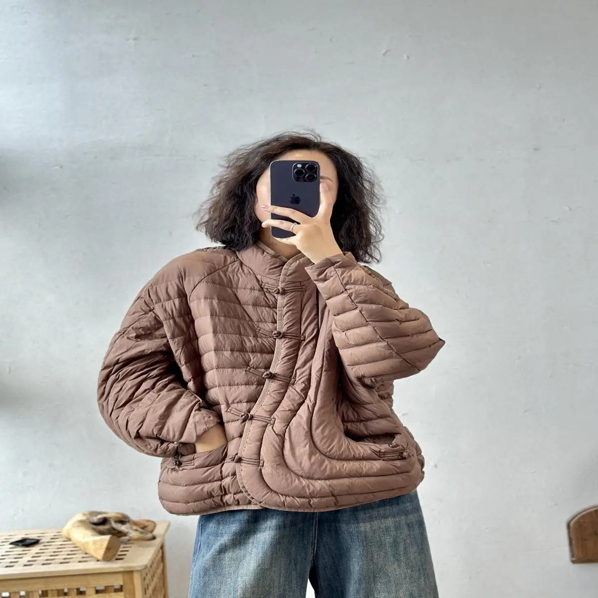 

Women's Loose Fit Stand Collar down Jaet Winter New Sle Pure Color Chinese Button Warm White Du down Open Cardigan