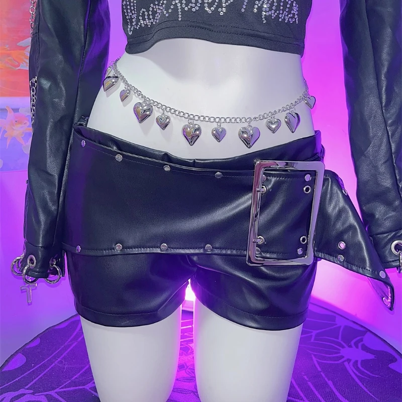 Pakaian Wanita Subkultur Gadis Seksi Y2K Eropa-Amerika, Punk Dark New Rock Metal, Celana Pendek Kulit PU dengan Gesper dan Rivet
