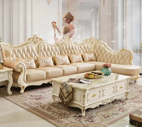 The product can be customized. European solid wood leather corner concubine sofa