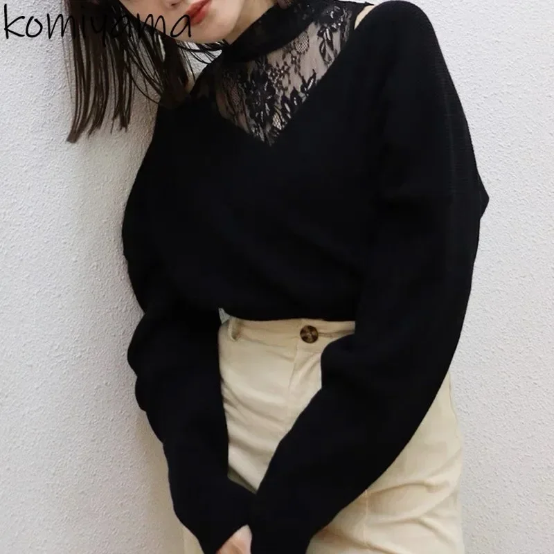 Off Shoulder Ropa Mujer Lace Spliced Mock Neck Sweater Japanese Pullover Tops Spring Winter Womens Clothing Women Knitwears