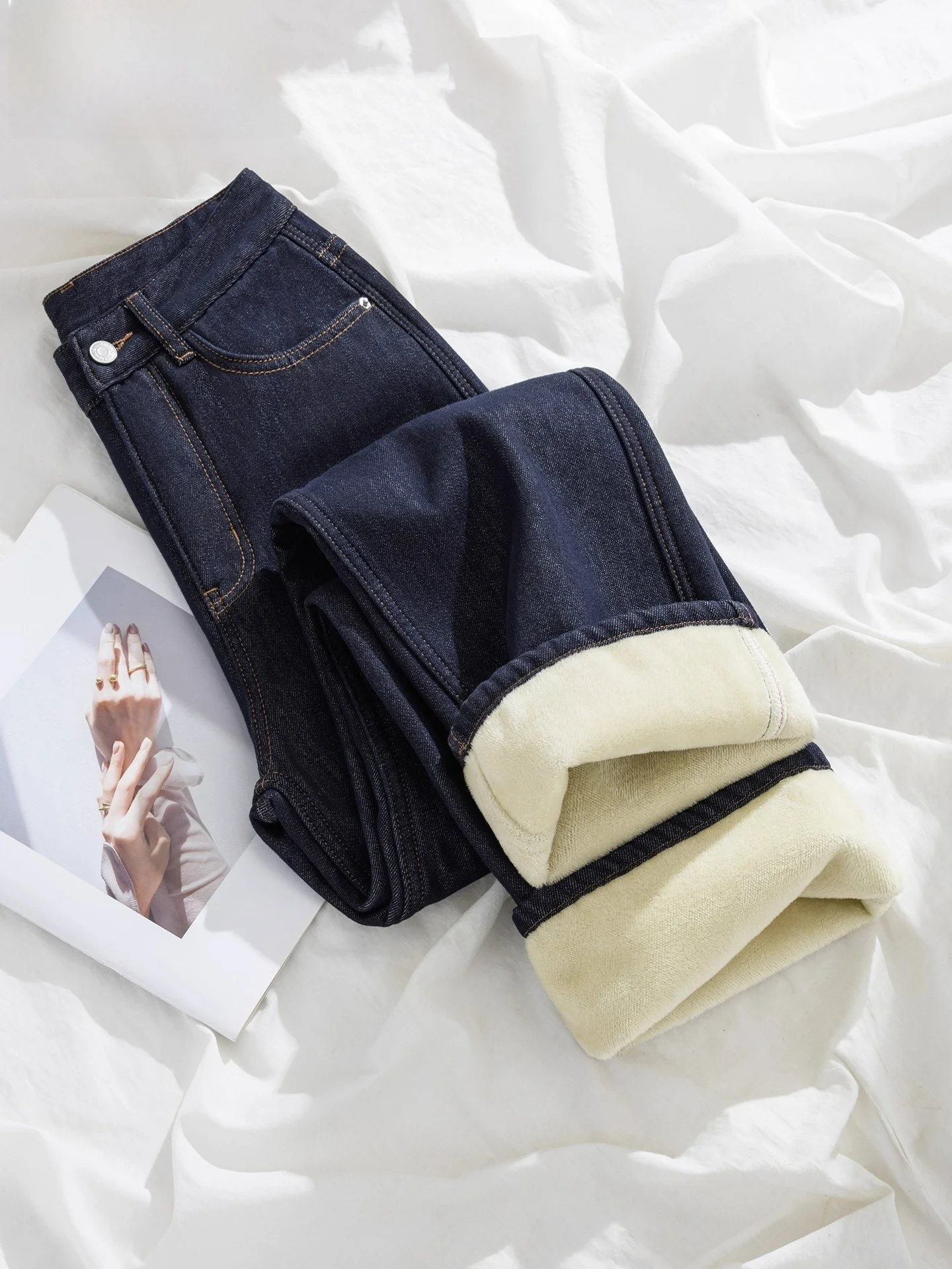 

Женские широкие джинсы Deep Blue с флисовой подкладкой, с высокой талией, прямого кроя, зимние, для повседневной носки, из плотного денима, теплые, длинные брюки