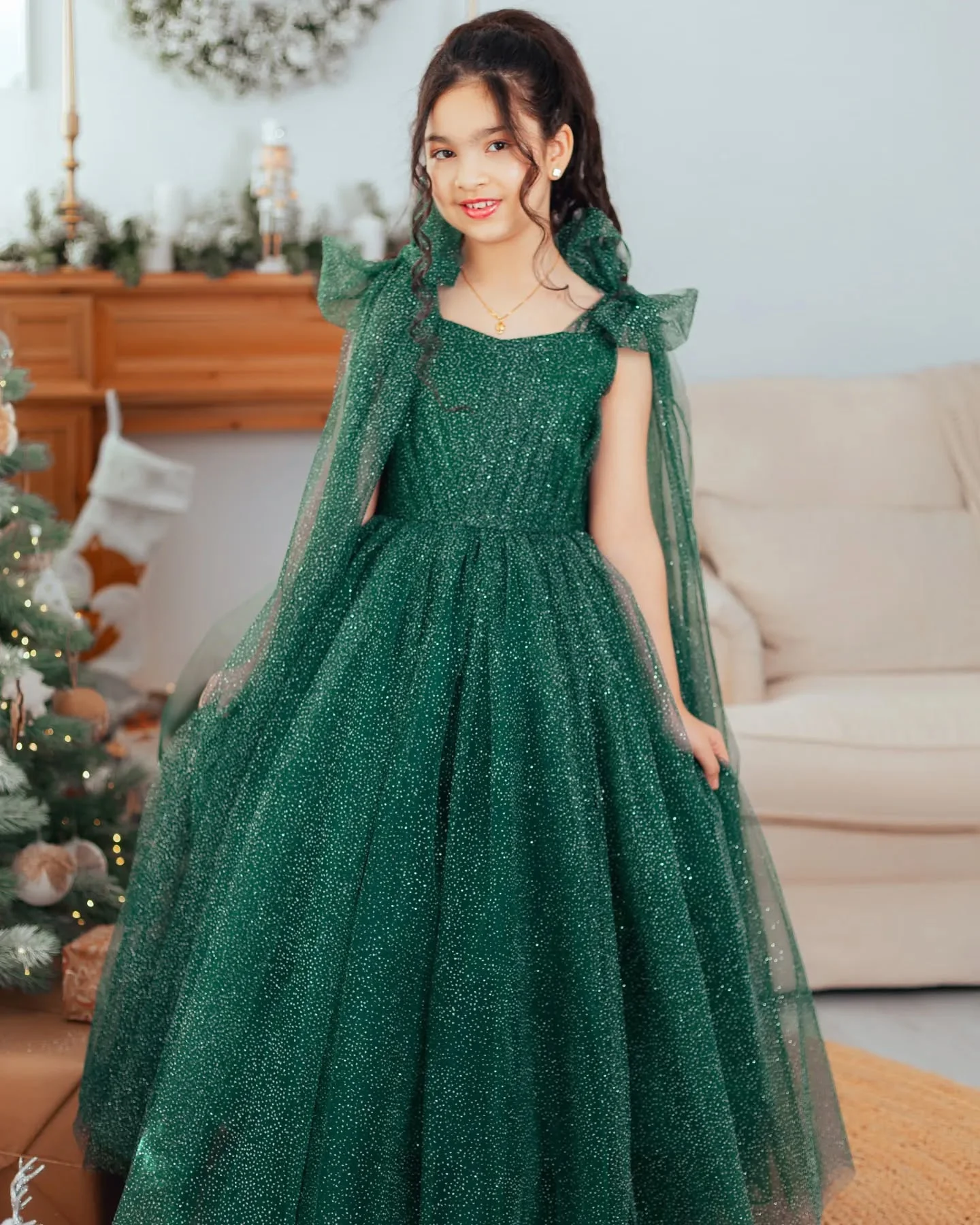 Green Prom Dress for Kids Tulle Flower Girl Dress for Wedding Sparkly Girls Pageant Dress Spaghetti Strap Birthday Party Dresses