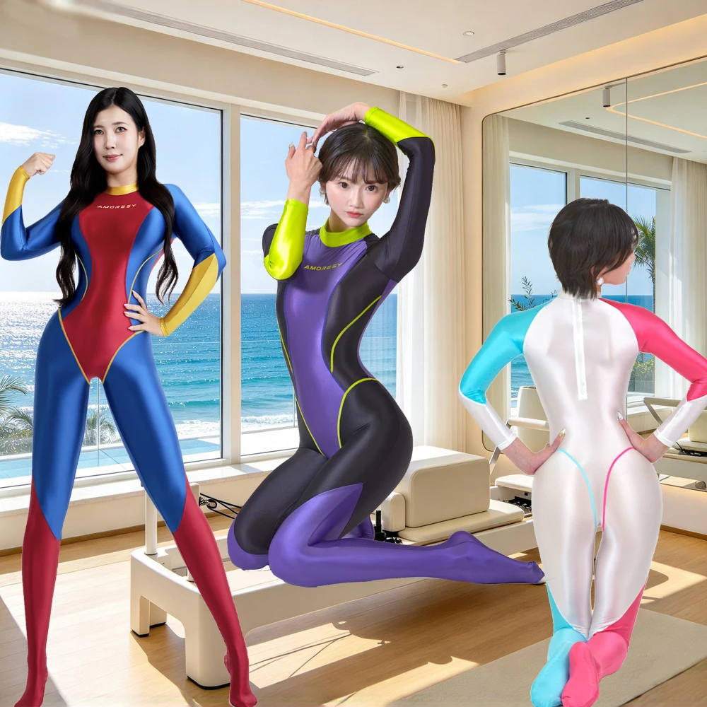 AMORESY Women Japanese Style Color Block Contrast Stretchy Quick Dry Bodysuit For Yoga Pilates Diving Swimming Jumpsuit