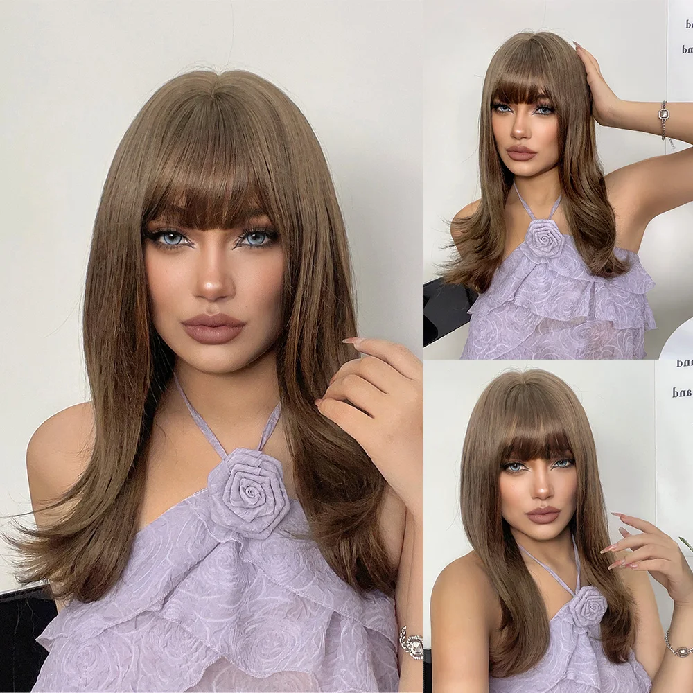 

22Inch Honey Brown Color Synthetic Wigs With Bang Long Natural Straight Hair Wig For Women Daily Use Cosplay Heat Resistant