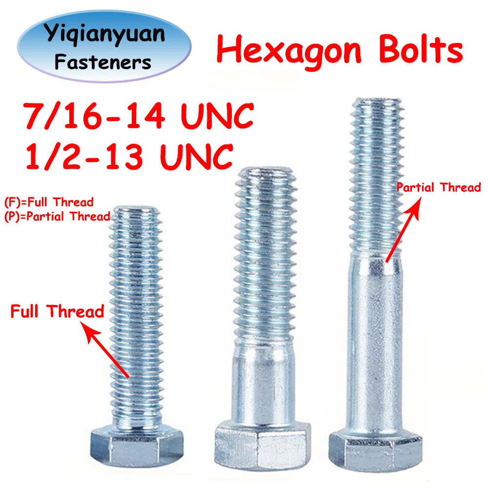 Yiqianyuan Hex Head Screws 7/16-14 1/2-13 UNC Full & Partial Threaded External Galvanized Hexagon Head Bolts Carbon Steel DIN933