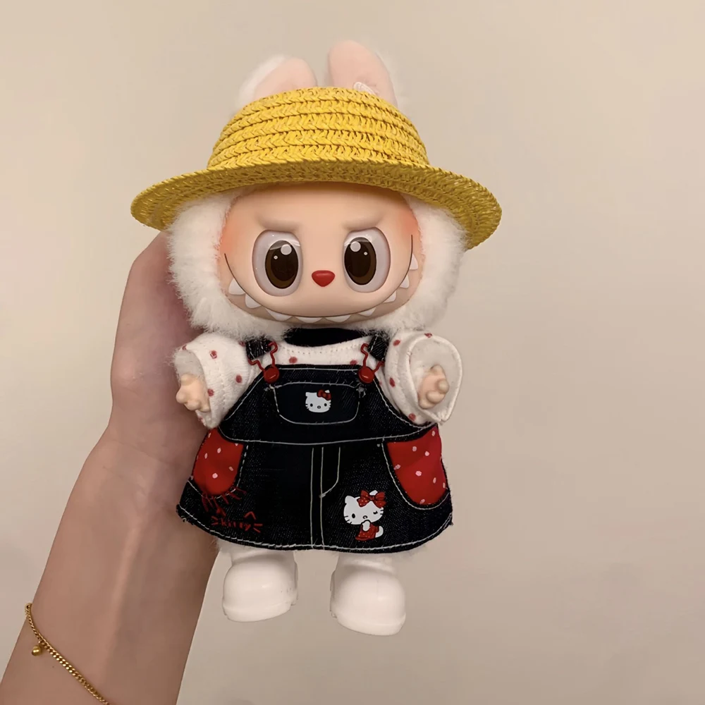 For Labubu Trendy Sanrio Hello Kitty Strap Skirt 17cm Doll Cross-dressing Game Plush Doll Accessories Decora Girl Gift