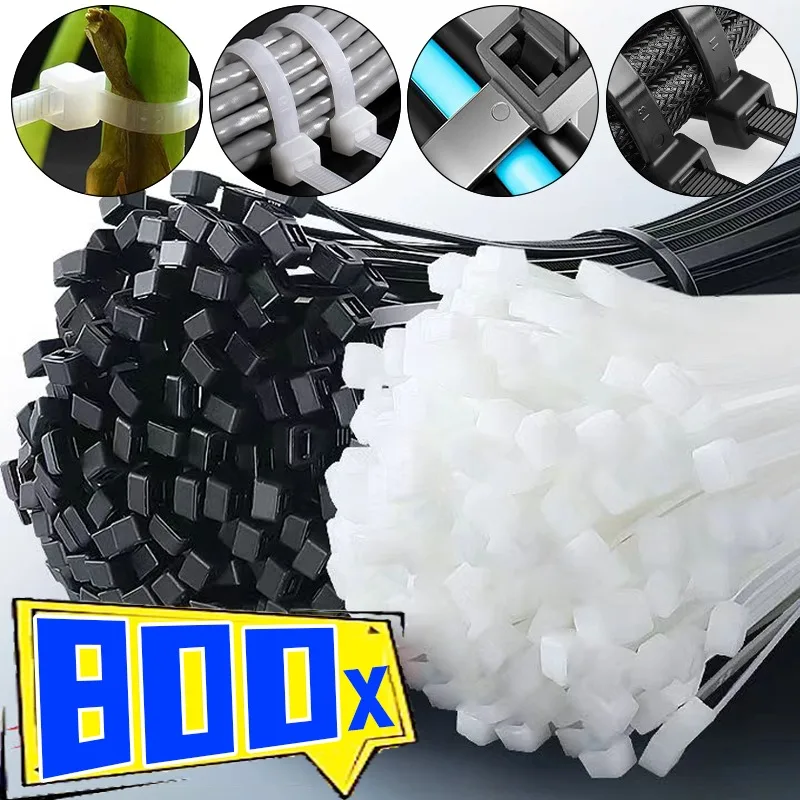 800/100PCS Nylon Self Locking Cable Ties Adjustable Cord Ties Straps Home Office Cables Tie Fastening Fixed Loop Bundle Wraps