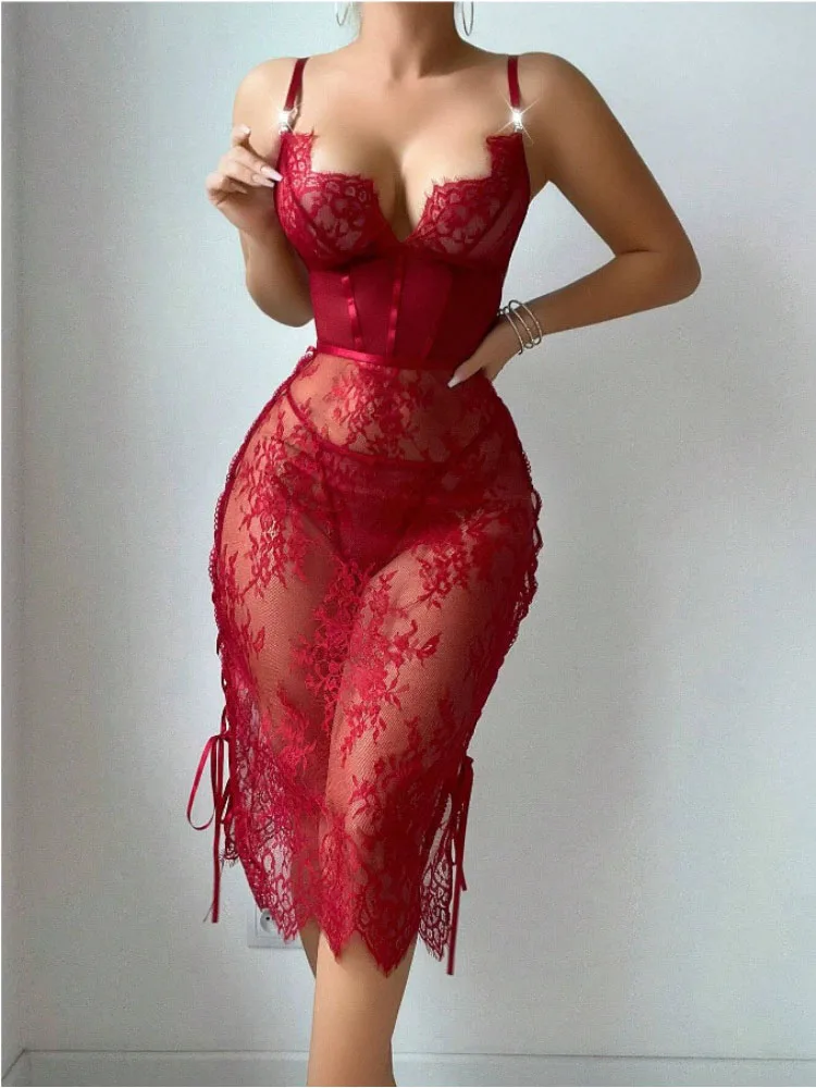 Exotic Sets Floral Lace Lingerie Midi Dress Rhinestone Spaghetti Strap Side Drawstring High Slit Valentine Sleepwear