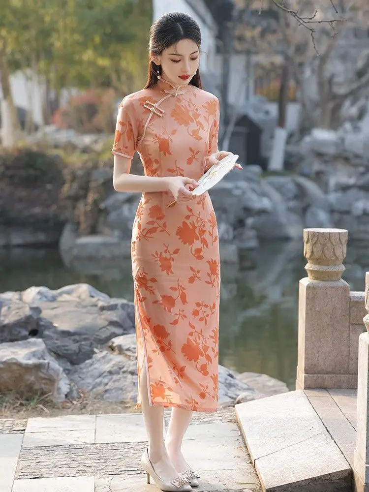 Migliorato Cheongsam Vestito Qipao 2024 Nuova Giovane Ragazza Arancione Estate Quotidiano Indossabile Abito Lungo Cinese Estate Abbigliamento Donna