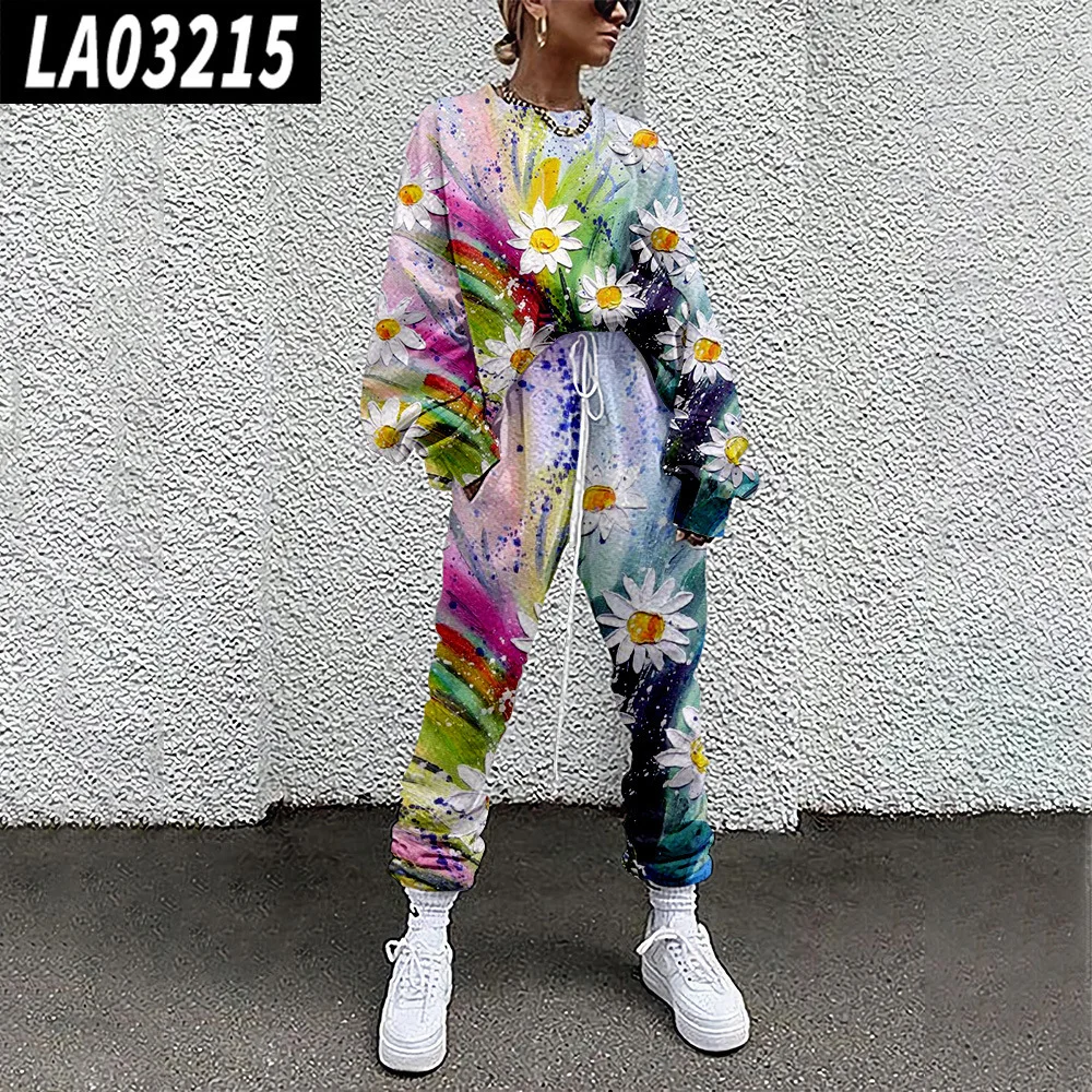 Tracksuit Long Sleeve Floral Print Pullover Women Casual Sports Set Sweatshirts Jogging Sweatpant