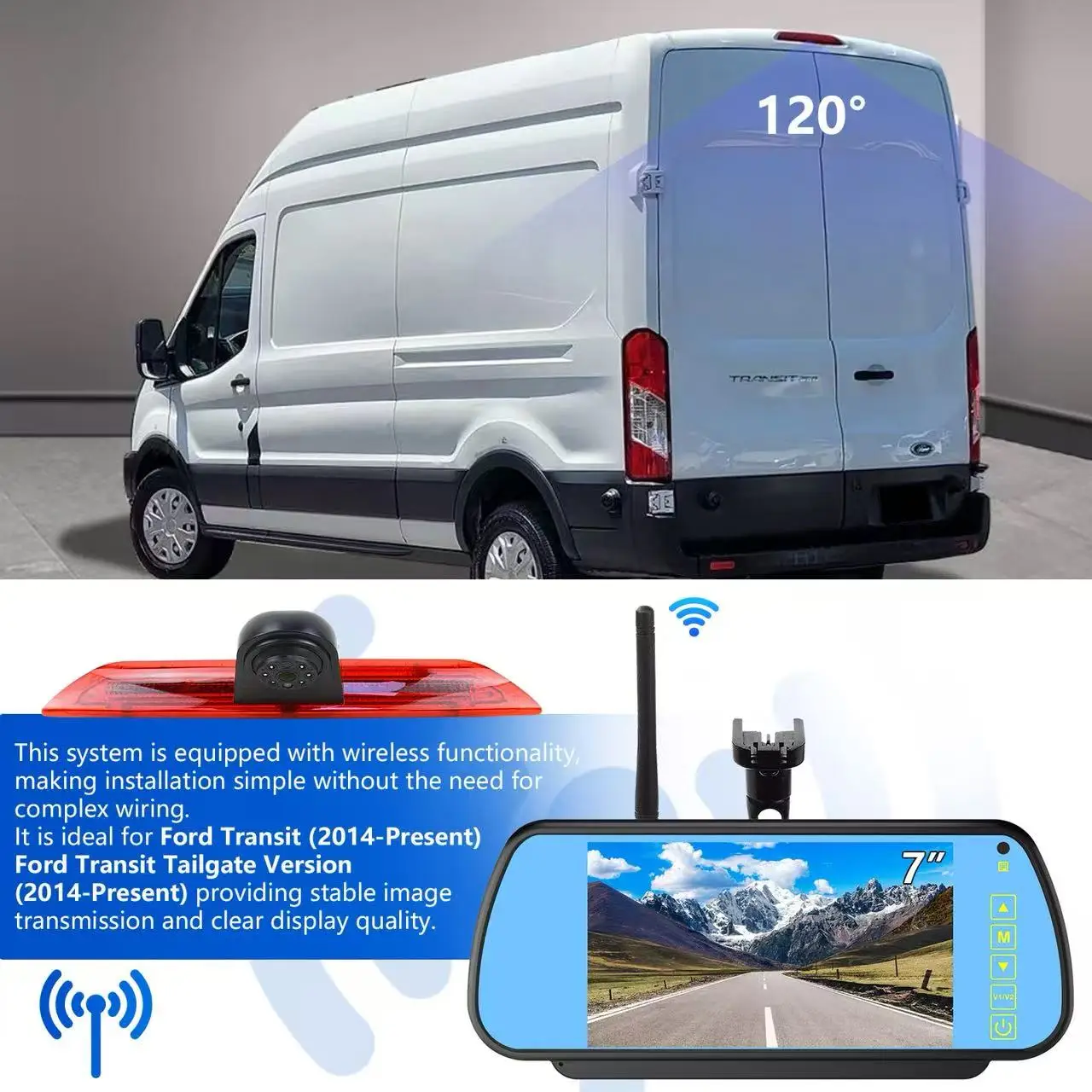 Automotive brake LED light auxiliary camera for Ford Transit Van 2015-2020, equipped with 7-inch rearview mirror wireless kit