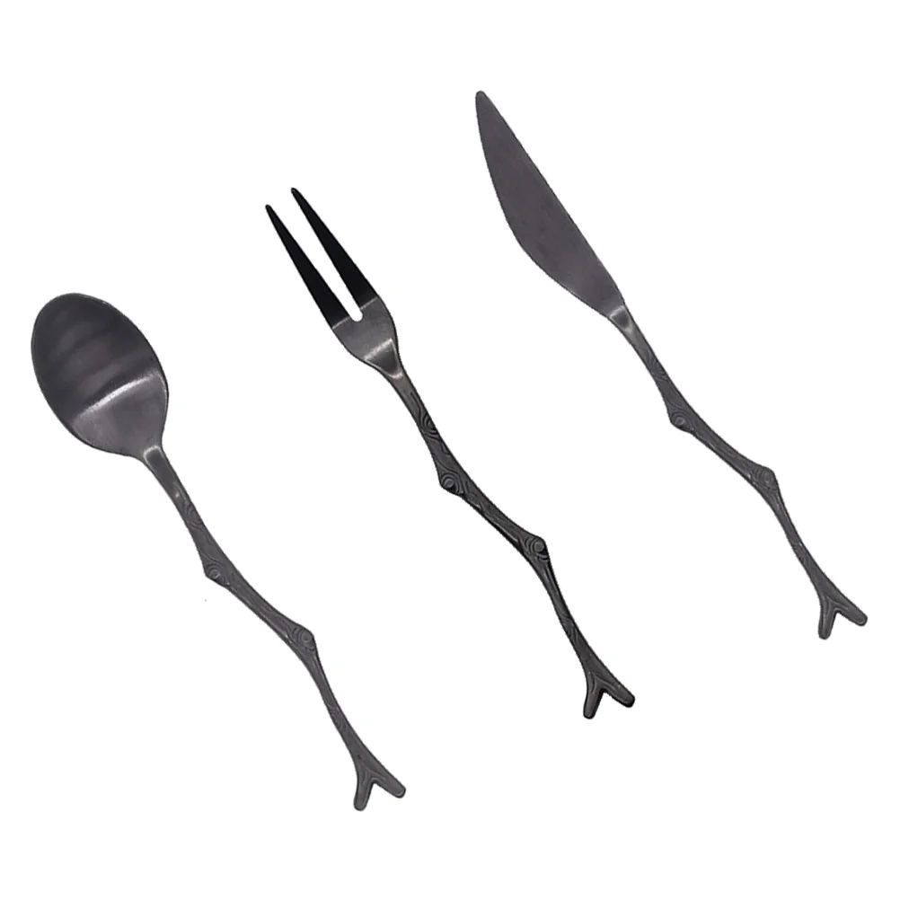 

3pcs Spoon Fork Set Stainless Steel Vintage Flatware Tree Branch Design Fruit Cutlery for Home Restaurant (Black)