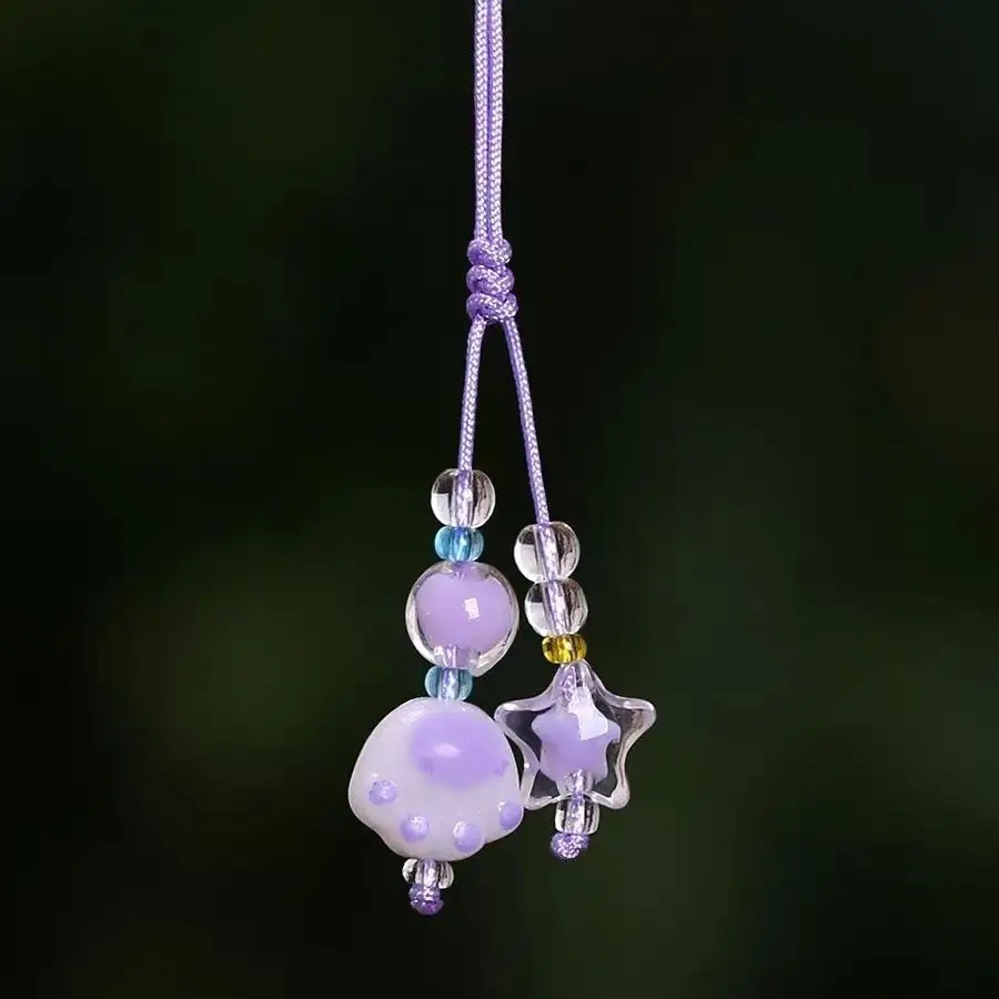 

Cute Purple Cat Paw Star Beaded Phone Charm Aesthetic Short Strap Handmade Glass Pendant Keychain for Girls