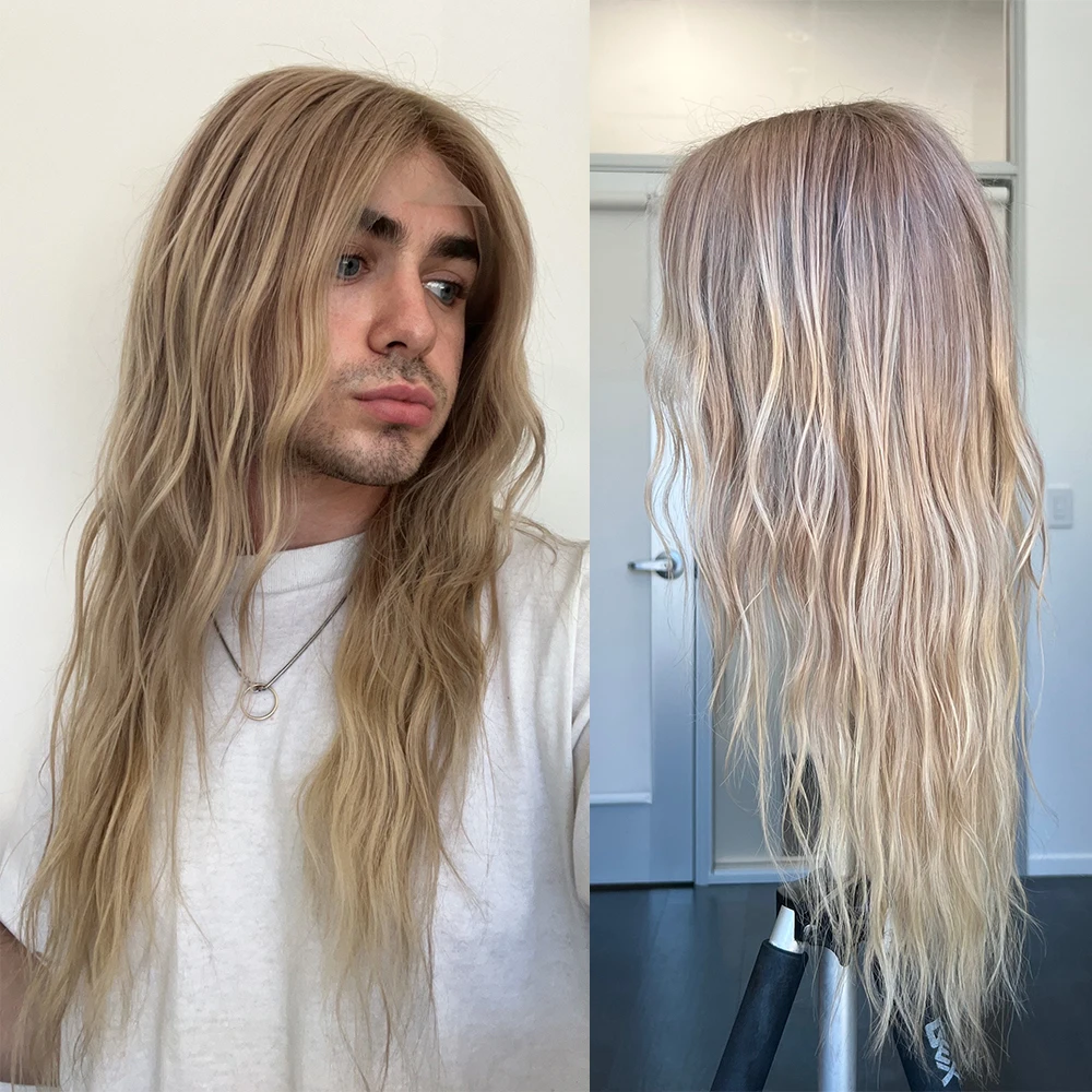 Fully Hand Painted Lightest Honey Blonde Balayage with Medium Blonde Root Premium Human Hair Full Lace Wig HD 13x6 Frontal Wig