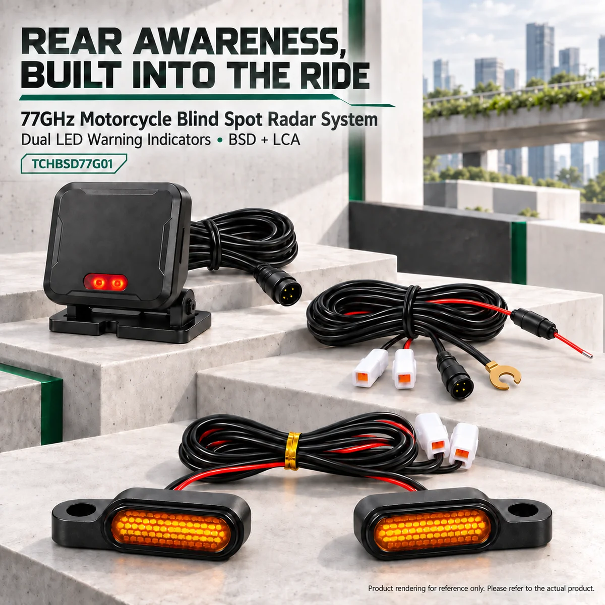 77GHz Motorcycle Rear Blind Spot Radar System with Dual LED Alerts, BSD 8.4m LCA 50m Detection Up to 70m