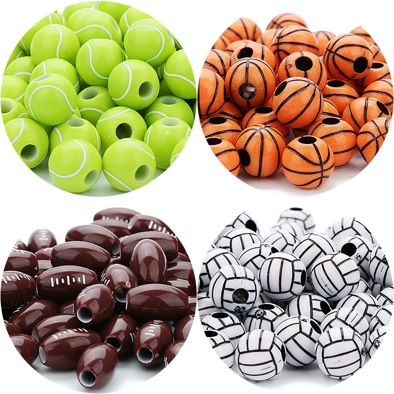 50pcs/lot 12mm Acrylic Beads Basketball Tennis Rugby Volleyball Spacer Beads for DIY Bracelets Jewelry Making Wholesale Sporty