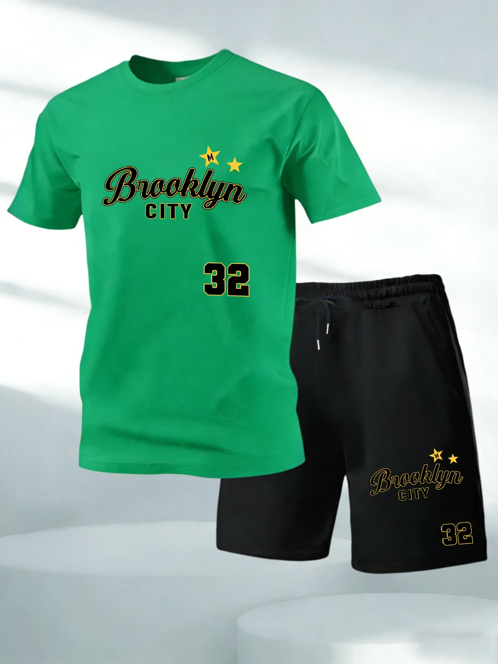 

Two Pieces Set Brooklyn City 32 Jersey Printed Cotton Tops Shorts Mens Soft O-Neck Oversized T-Shirts Pocket High Waisted Pants