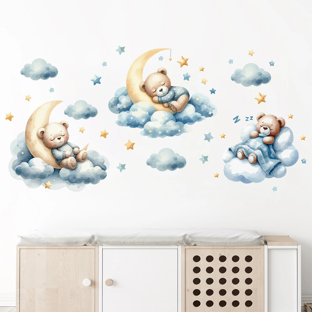 Cartoon Cute Little Bear Sleeping on Moon Clouds Wall Stickers for Kids Bedroom Living Room Home Decorations Wall Art Wallpaper