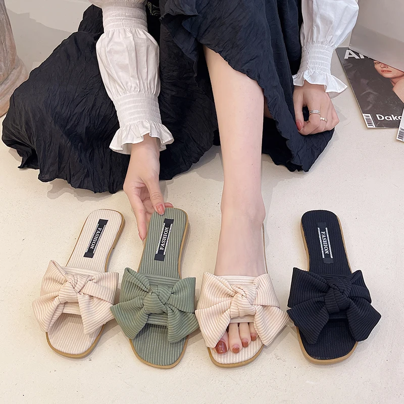 LazySeal ต่ำส้นแบนรองเท้าแตะโบว์ผีเสื้อ Soft Corduroy รองเท้าแตะในร่มสแควร์ Toe Flip Flops ขนาดใหญ่43ผู้หญิงล่อสไลด์