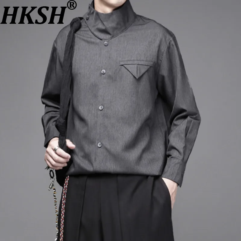 

HKSH Spring Autumn New Men Retro Chinese Style Design Stand Collar Three-Dimensional Long Sleeve Shirt Loose Casual Tops HK12103