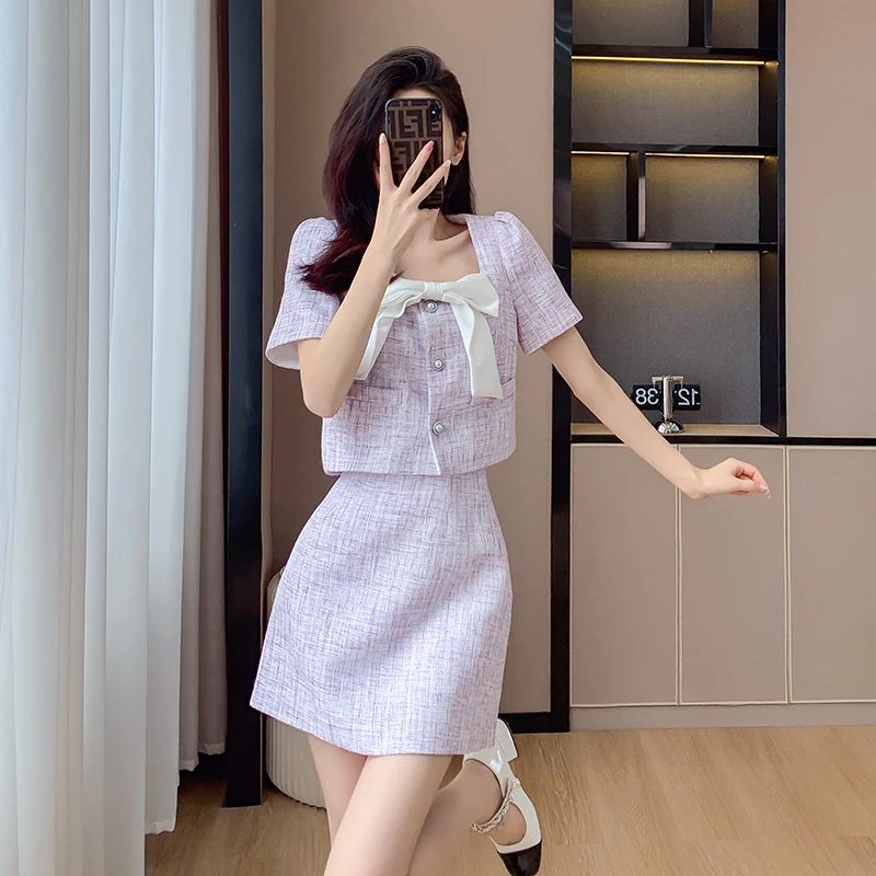 French Small Fragrance Korean Sweet Two Piece Set Women Shirt Crop Top + Skirt Suits Ladies Summer Elegant 2-częściowe zestawy strojów