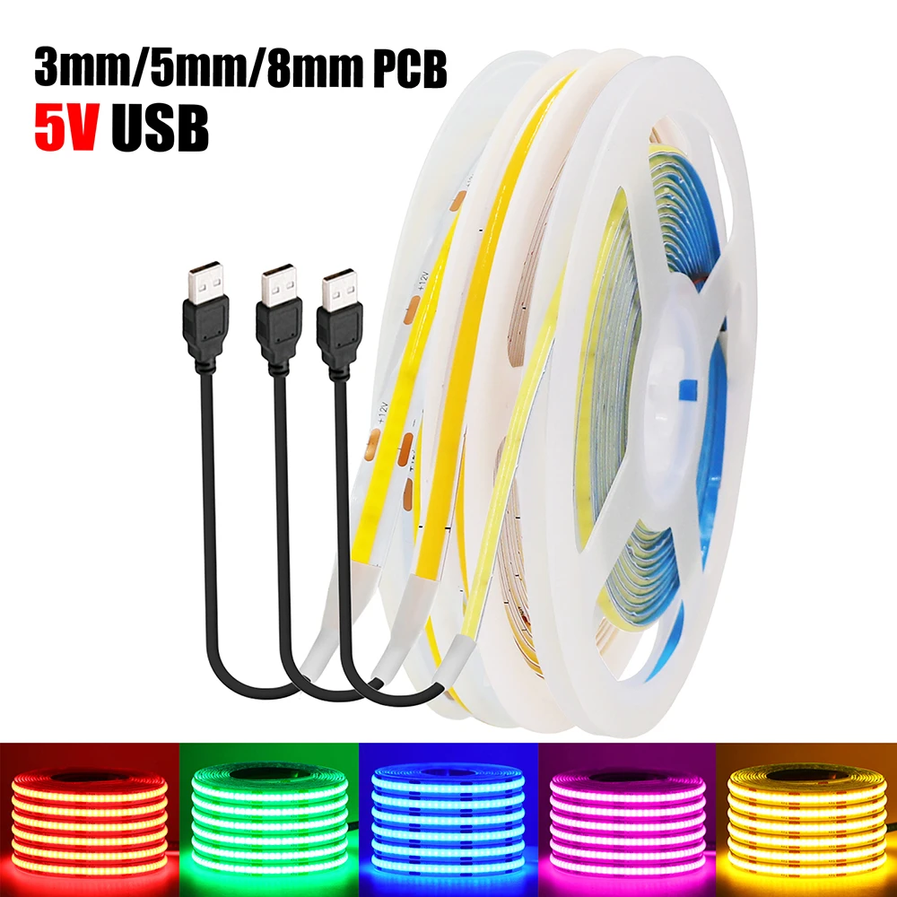 5V USB 3mm 5mm COB LED Strip Light 8MM PCB White Red Green Pink Ice Blue Yellow DC5V 320Led Flexible Ribbon Night Backlights