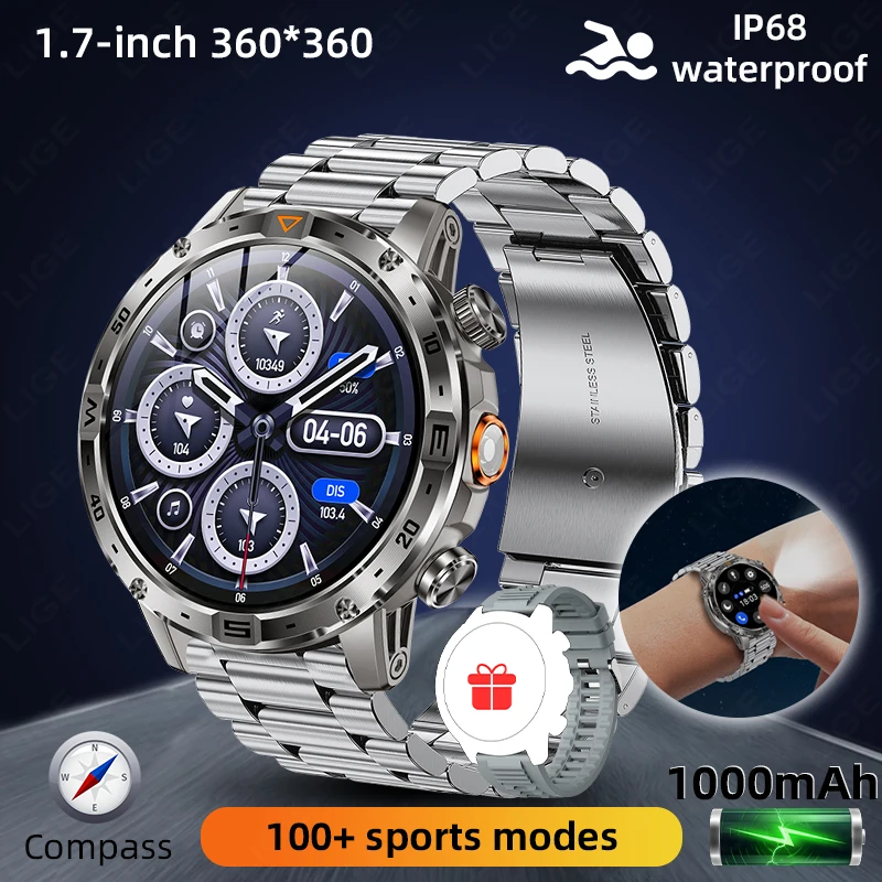 

LIGE 2025 Bluetooth Call Smartwatch 1000mAh IP68 Waterproof Compass Smart Watch New Outdoor Sports Fitness Heart Rate Monitor