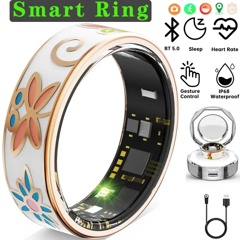 

Смарт-кольцо с цветной эмалью и зарядным чехлом и кабелем для женщин, мониторинг сна, измерение здоровья кислорода в крови, режим нескольких видов спорта