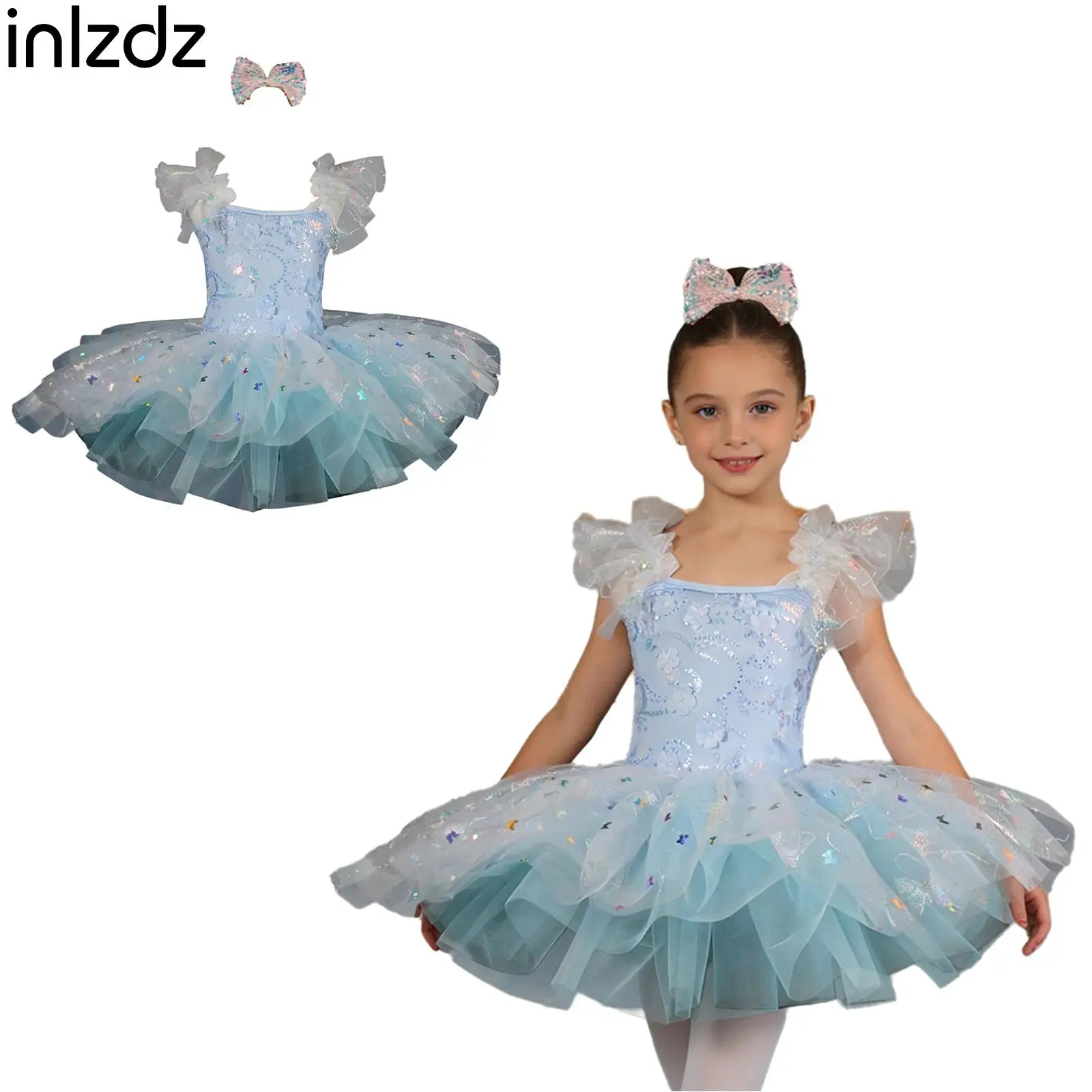 Kids Girls Ballet Modern Dance Dress Ruffle Flower Sequin Bodice Sparkly Butterfly Tulle Tutu Dress with Bow and Cuffs Dancewear