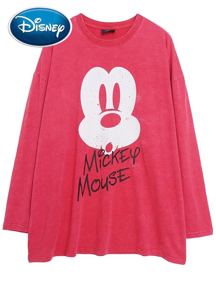 Disney Mickey Mouse Letter Cartoon Print T-Shirt Fashion Women O-Neck Pullover Long Sleeve Tee Tops Pink Sweet Streetwear Female