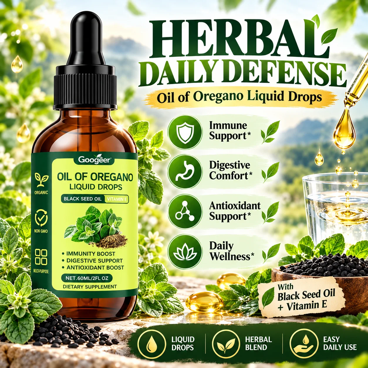 Oregano Oil Liquid Drops 60ml with Black Seed Oil Vitamin E Natural Herbal Supplement for Immune and Digestive Wellness Support
