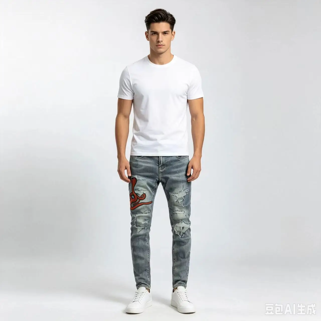 Fashion new men's washed elastic slim fit pants with snake pattern embroidery light blue jeans hip-hop street brand pants hombre