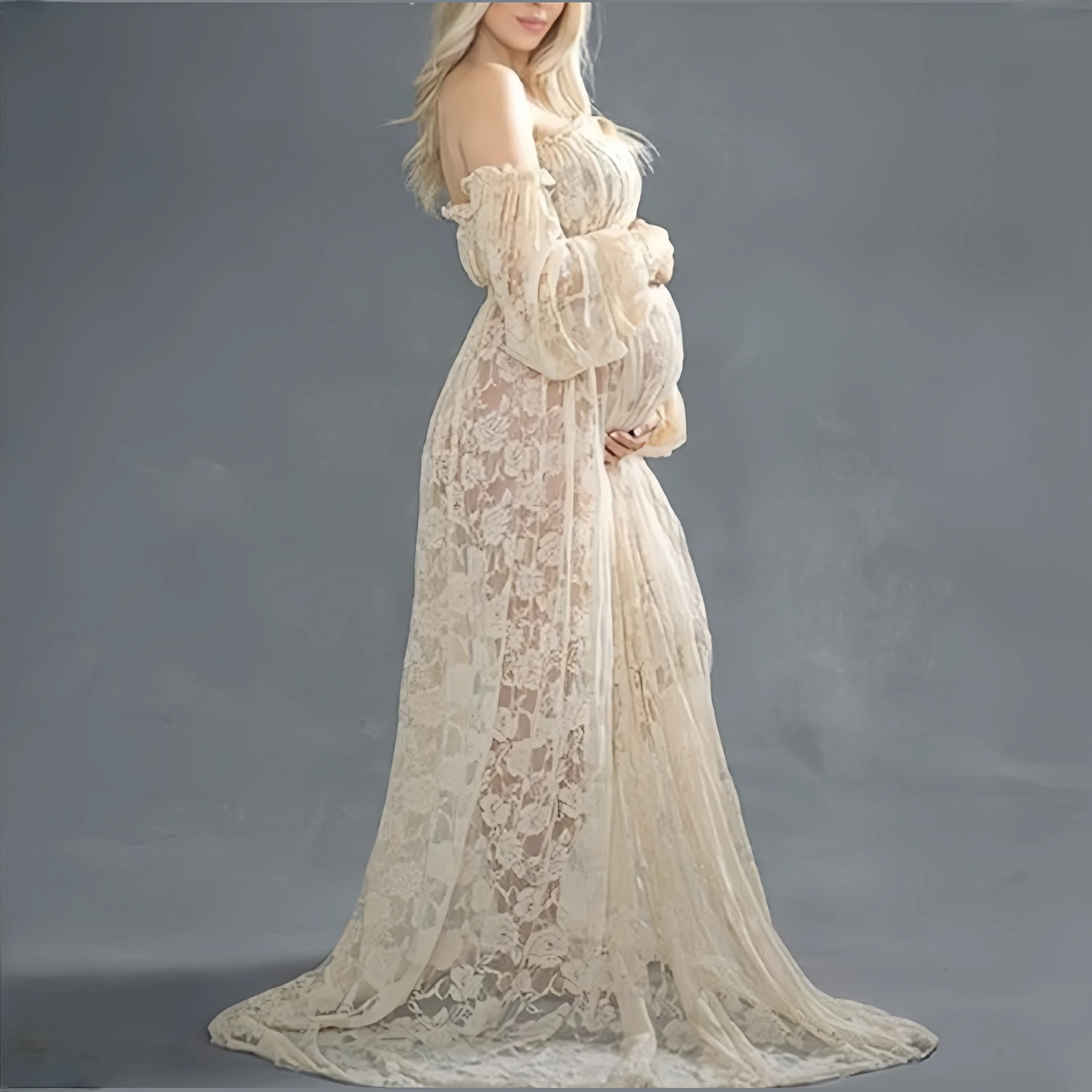 

2025 Summer Slash Neck Lace Maternity Pregnancy Photography Dresses Open Front Off-the Shoulder Pregnant Woman Photoshoot Dress