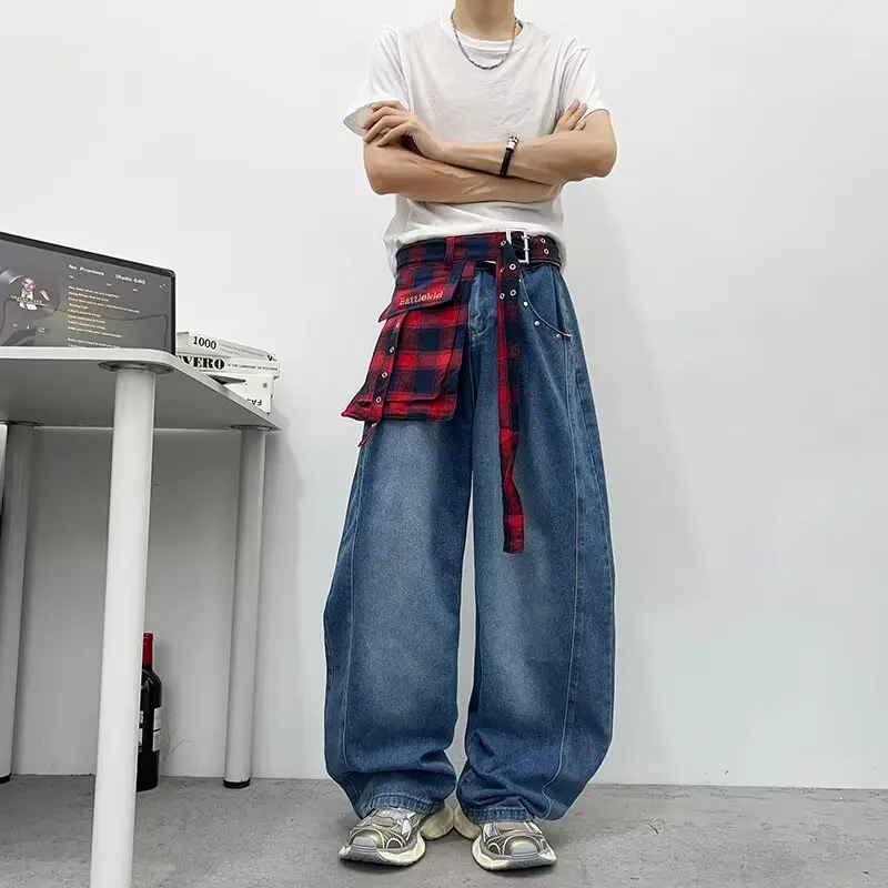 

Мужские джинсы в стиле ретро с красным клетчатым узором, модный дизайн, свободные повседневные прямые джинсы, молодежные, весна-осень