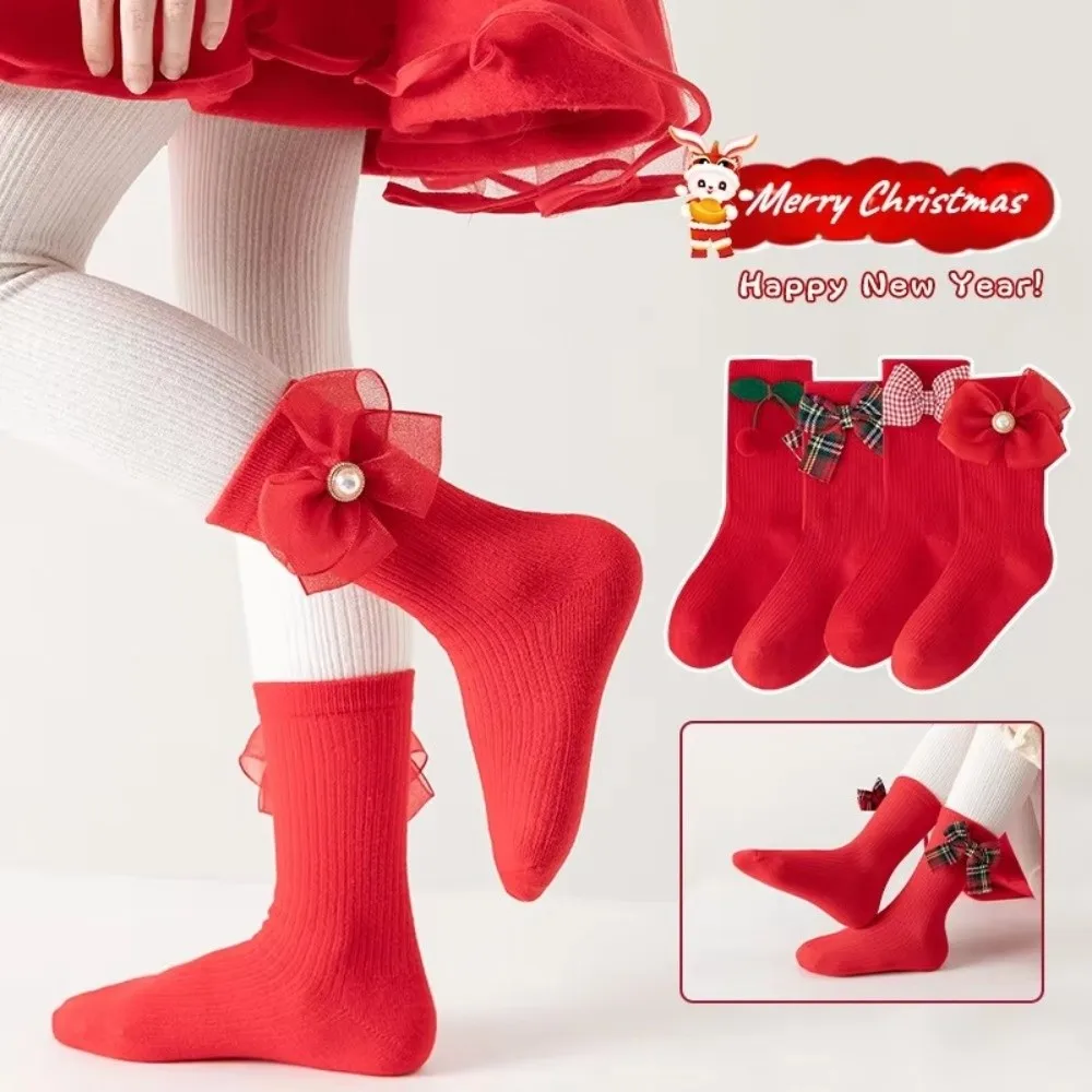 Christmas Sweet Gifts Baby Middle Tube Socks Cotton For 0-4 Years Kids Red Socks Breathable Red Bow Middle Tube Socks