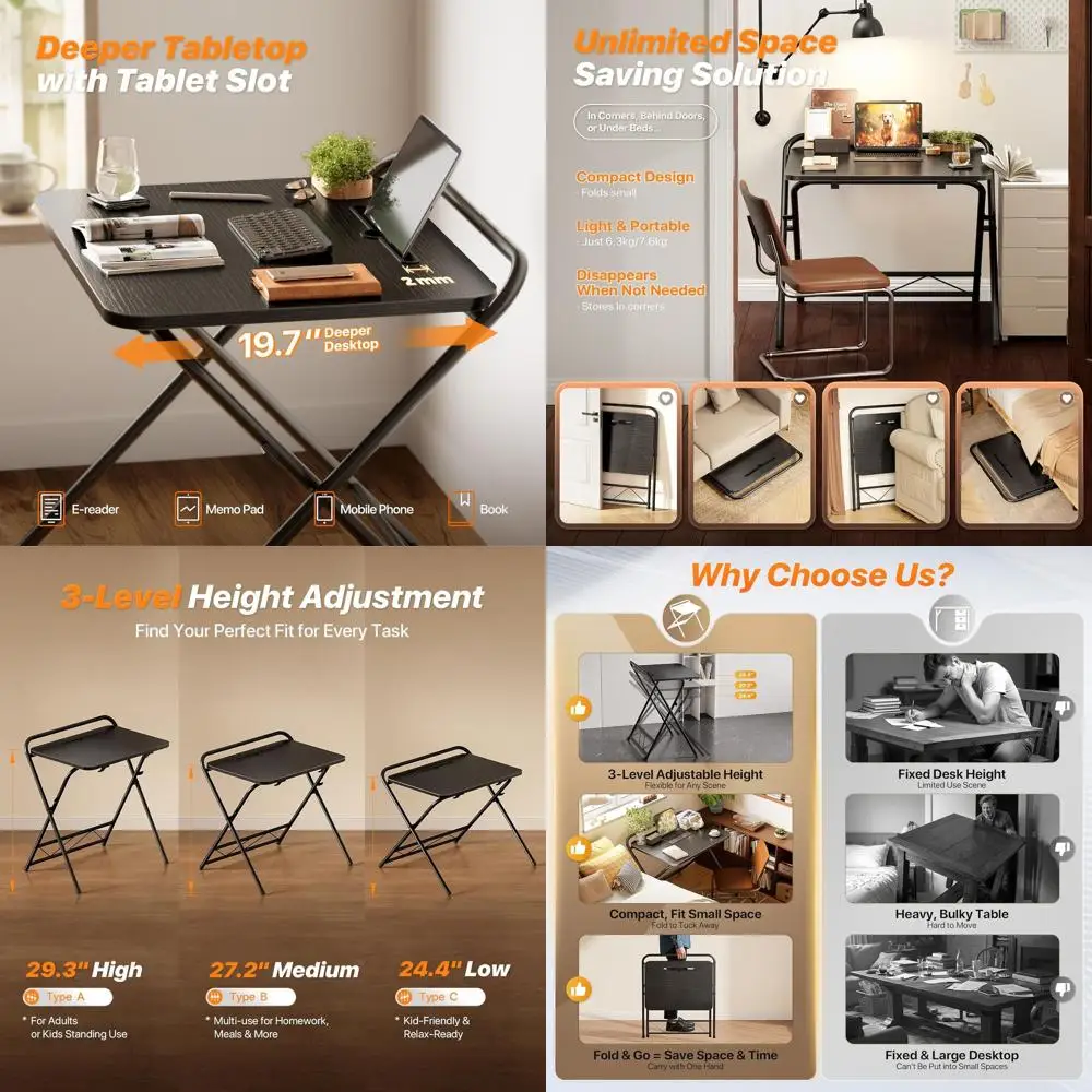 

Adjustable 3-Level Height Folding Desk, 24 Compact Computer Table with Tablet Slot for Home Office, Study, and Bedroom in Black