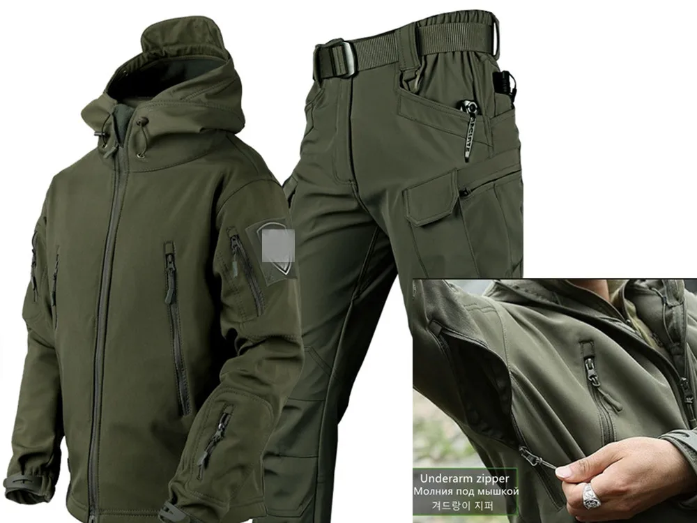 

Outdoor Shark Skin Soft Shell Warm Autumn And Winter Flocking Underarm With Zipper Comprehensive Tactical Training Jacket Suit