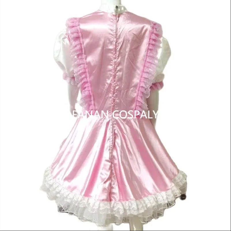 Multicolor Adult Giant Baby Sexy Girl Pink Thin Silk Sissy Short Sleeve Dress Maid Role Playing Gothic Customizable Lockable