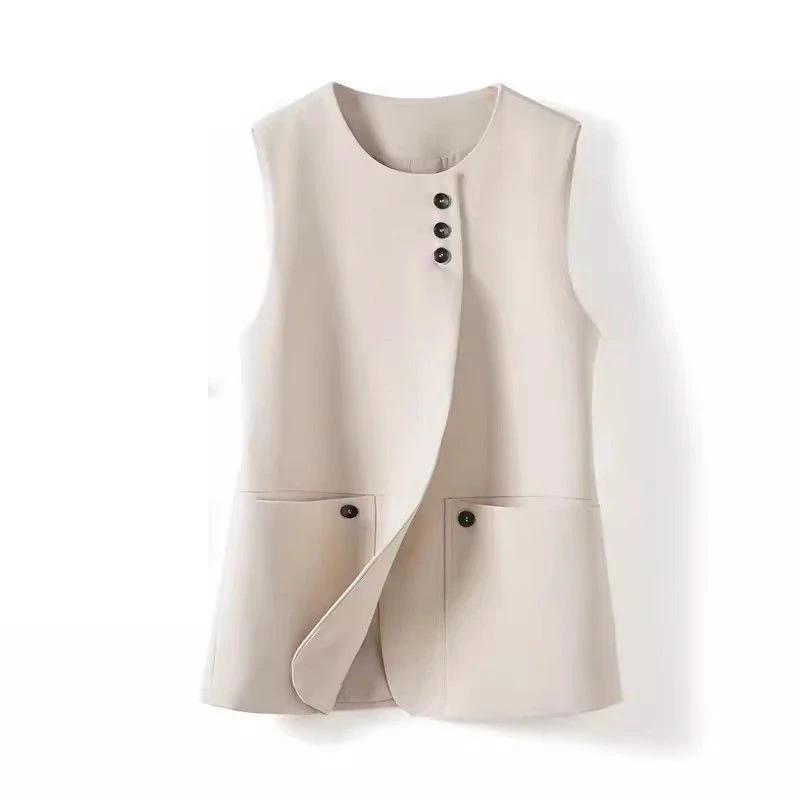 Gilet à col rond pour femme, nouveau haut avec ceinture, costume slim, gilet court sans manches, printemps et automne 2024