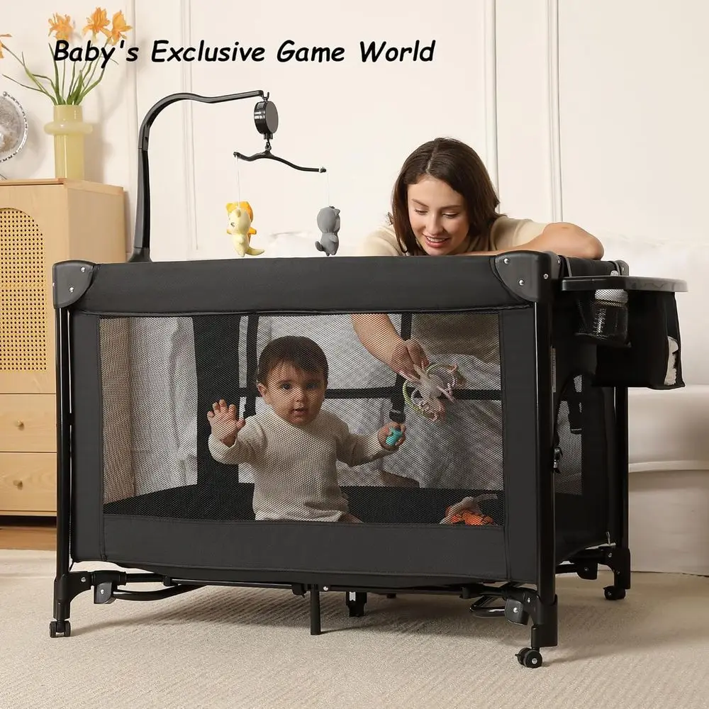 Breathable Mesh Steel Frame Play Yard - Foldable Bassinet, Crib, Changing Table for Newborn to Toddler (Black)