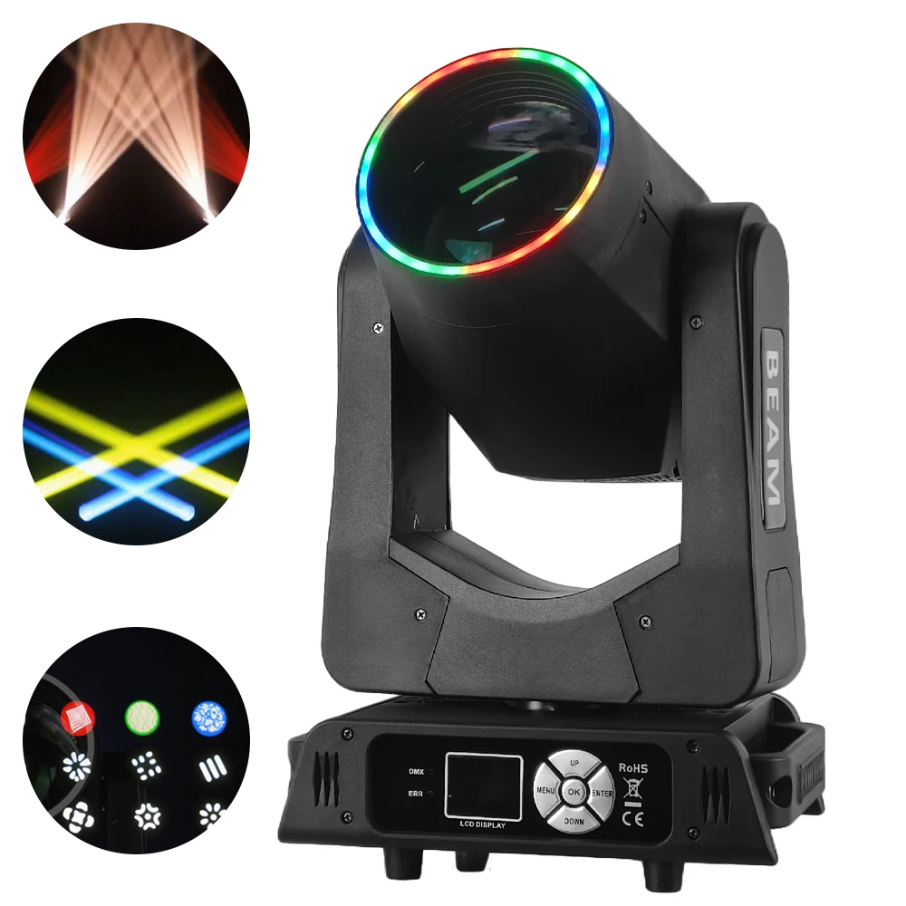 

Stage Beam Moving Head Light 200W LED Stage Gobo DJ Lighting Ring Circle Strip Double Prism Rainbow Effect Concert DJ Equipment