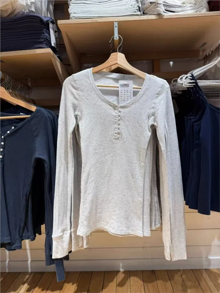 

Серые вафельные футболки с длинными рукавами на 7 пуговицах, женские осенние хлопковые тонкие футболки с пуговицами, топы, одежда, милые простые базовые милые футболки