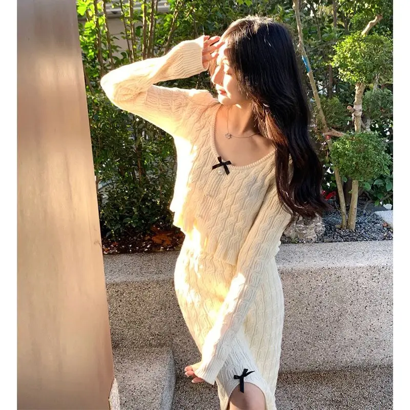 

Korean Chic New Women Two Piece Skirt Sets Elegant Long Sleeve Knitted Cardigan Tops + High Waist Mid-length Knitting Skirt