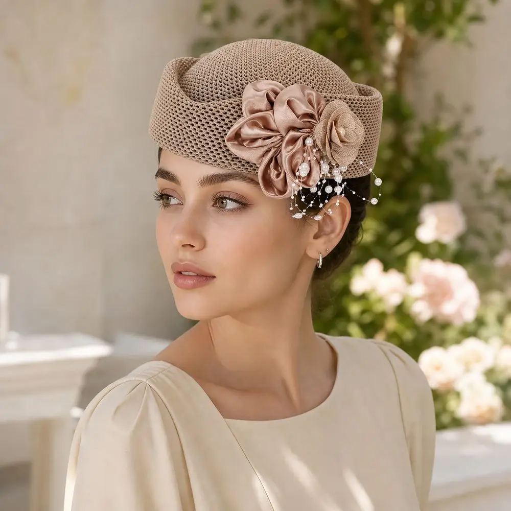 New With Flower Straw Pillbox Hat Structured Crown Solid Brimless Cap Round Shape Vintage Style Painter Hat Women's