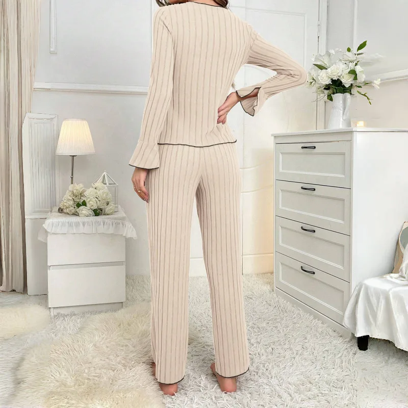 European and American Autumn and Winter Sleepwear Women's Lapel Bow Fashion Sexy Long Sleeved Pants Home Suit Women
