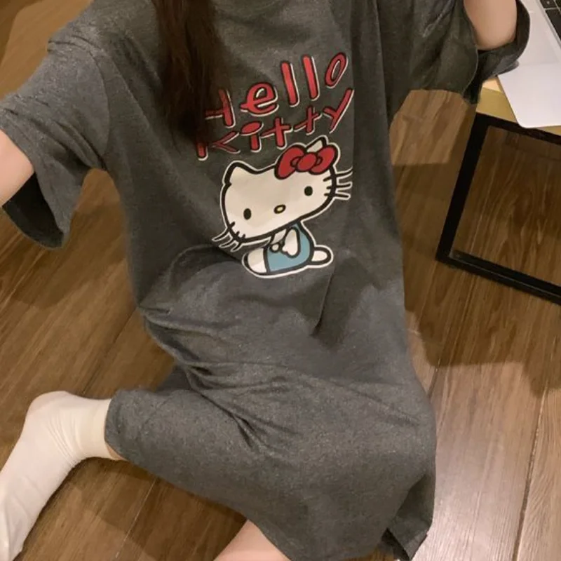 Sanrio nouvelle jupe de nuit Hello Kitty jupe de nuit à manches courtes pyjama à rayures femme automne Style ample vêtements de maison jupe de nuit