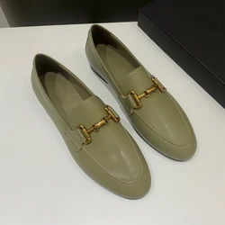 Withered 2024 New Fashion Metal Buckle Women's Flat Shoes Leather Comfortable Leisure Loafers Women